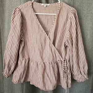 Madewell Pink and Brown Striped Wrap Peplum Blouse